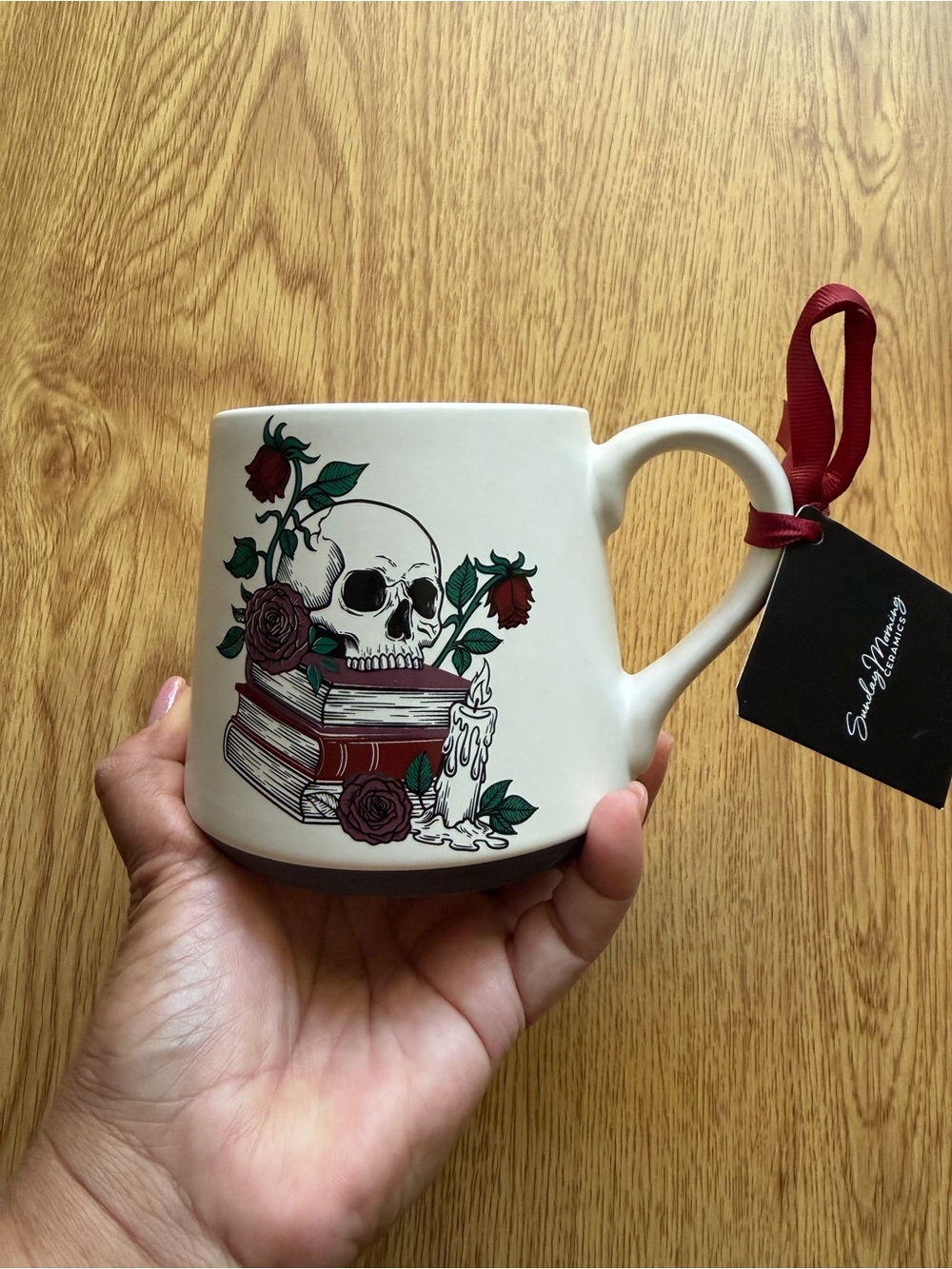White Ceramic Skull & Roses Mug with Red Accents NWT